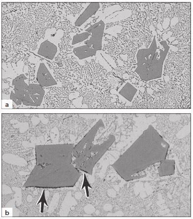 Figure 3.9 Examples of freedom from relief a) and minor relief b) at the edges of large primary hypereutectic silicon particles in an as-cast Al-19.85% Si specimen (200X, aqueous o.5% HF).