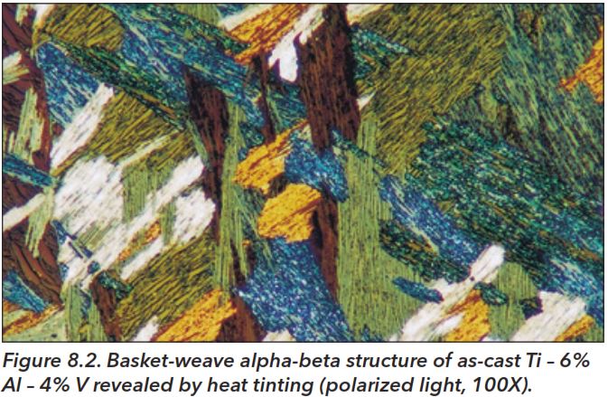Figure 8.2. Basket-weave alpha-beta structure of as-cast Ti - 6% Al - 4% V revealed by heat tinting (polarized light, 100X).