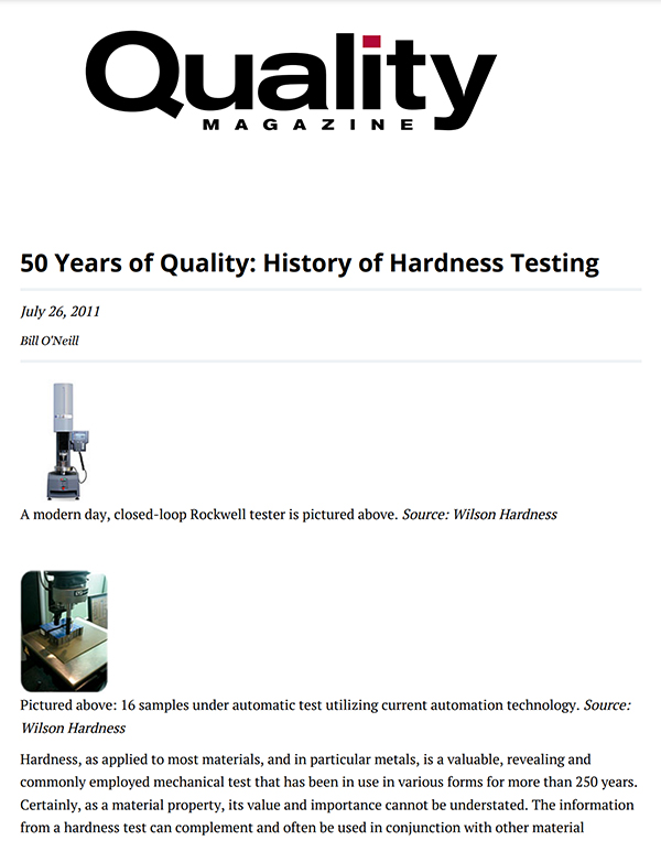 50 Years of Quality History Hardness Testing