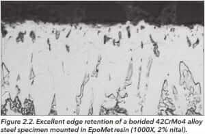 Figure 2.2 Excellent edge retention of a borided 42CrM04 alloy steel specimen mounted in EpoMet resin (1000X 2% nital).