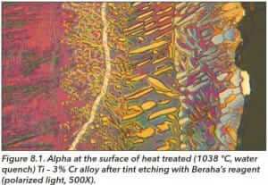 Figure 8.1. Alpha at the surface of heat (1038°C, water quench) Ti - 3% Cr alloy after tint etching with Beraha's regeant (polarized light, 500X).