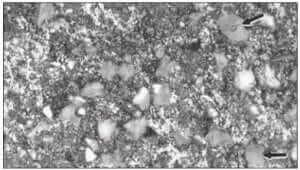 Figure 3.2.6 µm diamond particles (arrows) embedded in lead (1000X).