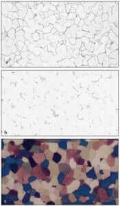Figure 20.2 Microstructure of low-carbon sheet steel etched with (a) 2% natal, (b) 4% picral; and (c) Beraha’s reagent at 100X.