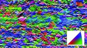 Figure 3.22 Electro polished ferritic steel examined with EBSD [Electron image overlayed with orientation map normal direction Phase: α - Iron.